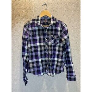 Ecko Unltd Women's Button Down Shirt Size L Purple Black Plaid Y2K Long Sleeve